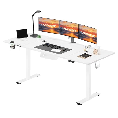 SANODESK Höhenverstellbarer Schreibtisch 200×80 cm – XXL Standing Desk mit 70 kg Tragkraft, Anti-Kollisions-Schutz & vielseitigem Zubehör, ideal für Teamarbeit oder Studio(Weiß)