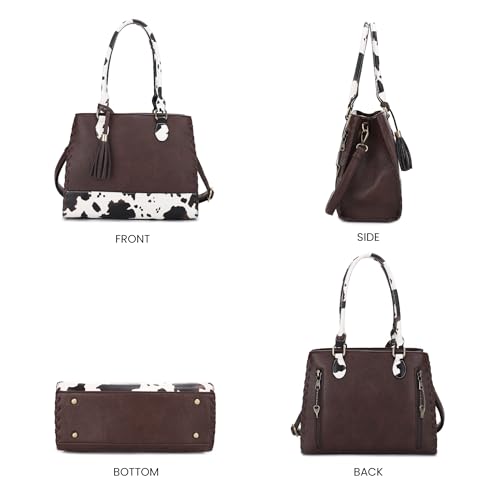 Image of JESSIE & JAMES Montana Whipstitching Cow Print Top Handle Satchel Purse with Adjustable Shoulder Strap