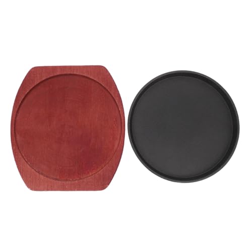 OSALADI Plancha de Barbacoa de Hierro Fundido con Recubrimiento Antiadherente y Bandeja de Madera para Servir, Redonda, Adecuado para Uso en Casa y Restaurante