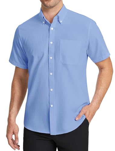 HISDERN Mens Short Sleeved Shirts Oxford Blue Classic Shirt Mens Regular Fit Casual Button Down Shirts for Men with Pocket, L