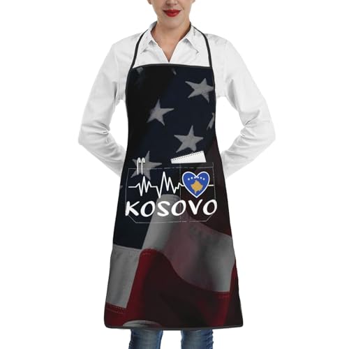 nopicsn Kosovo Heartbeat Apron for cooking with Pockets Women Men Kitchen Chef Funny Aprons
