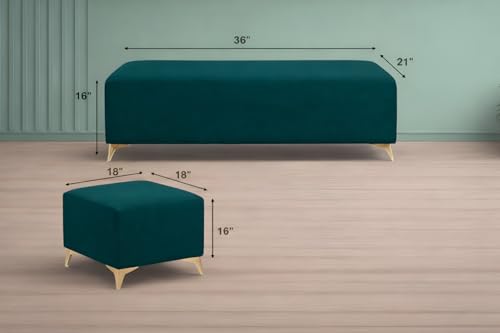 Image of Adorn India Premium Luster 8 Seater L Shape Sofa Set with 2 Puffy & 1 Center Table | Velvet Suede Fabric | 3-Year Warranty | RHS | Ocean Blue with Golden Legs & Striped Pattern Cushion