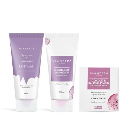 Image of Glamveda 1% ww Glycolic Acid & 1% ww Salicylic Acid Anti-Acne Kit | Reduces Dark Spot & Body Acne | Face Wash + Peel Off Mask + Facial Kit | Skincare Routine for Women & Men