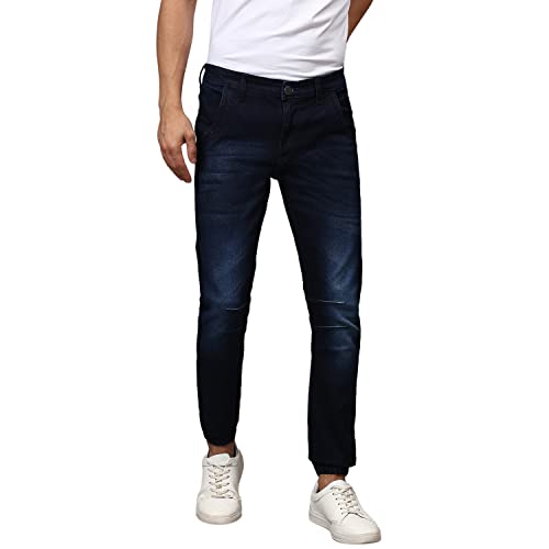 Image of CAHOOT Men's Navy Blue Tapered Dark- Wash Denim Jeans | Stretchable Cotton Mid-Rise Denim Jeans Crafted with Comfort Fit and High Performance for Everyday Wear
