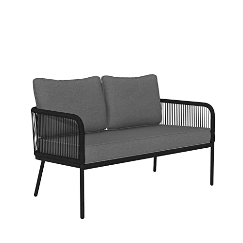 Image of DEVOKO Outdoor and Indoor 4 Seater Sofa with Center Table Wooden Top and Cushion Rope Chairs Set for Garden, Balcony (Black and Grey)