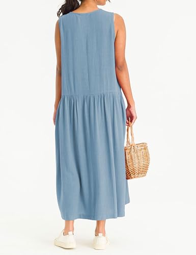 Image of Bozanly Summer Sleeveless Maxi Dress for Women Button Down Midi Dresses with Pockets Solid Color Loose Flowy Beach Dress 2025