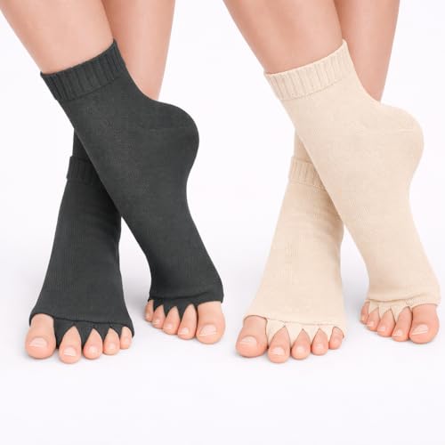 Image of Foot Alignment Orthopedic Cotton Socks for Men & Women | Five Toe Separator | Foot Pain Relief | Bunion Corrector | Plantar Fasciitis Support |Free Size | DarkGray-Beige | 2 Pair | UK8-11