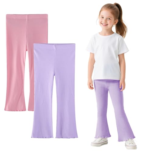 Baogaier Leggings para niñas Elásticos Pantalones Largos Acampanados, Pack de 2, Transpirable Suaves Algodón Bootcut Mallas Leggins Ropa Escolar Deportiva para 2 3 Años, Rosa Morado