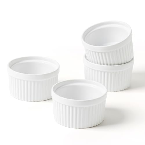Ramekins 8 oz Oven Safe Creme Brulee Souffle Dishes Custard Cups for Baking Ceramic Ramekin Bowls Set of 4 White