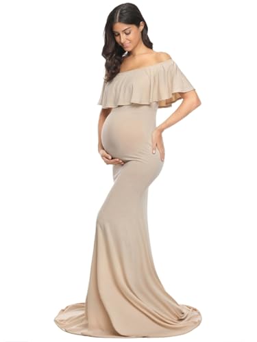 Image of Glampunch Womens Off Shoulder Maternity Dress Ruffles Elegant Slim Gowns Fit Maxi Photography Dress