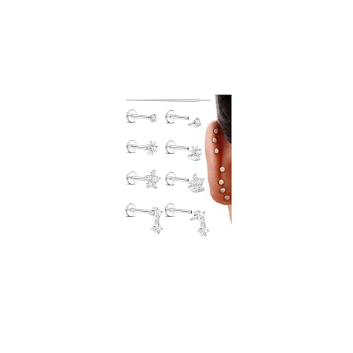 Kakonia 20G Piercing Tragus Helix Piercing Acero Quirurgico Pendientes Hipoalergenicos Plata CZ Cartílago Tragus Labret Piercings Nariz Mujer Labio Conch Pendientes Piercings 6MM 8MM