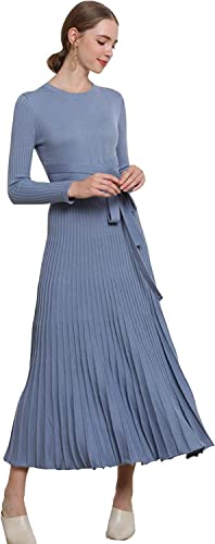 Image of Women's Long Sleeve Sweater Dress Ankle Length Fall Dress Vneck Knit Winter Dress