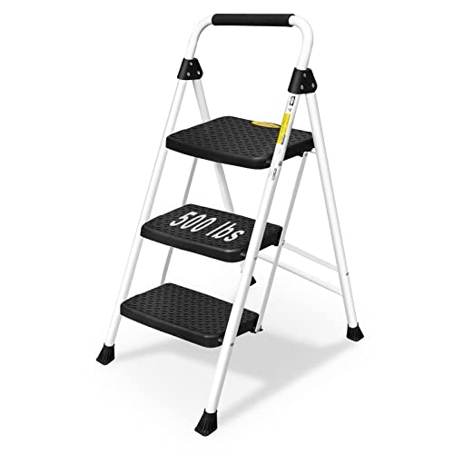 Escalera 3 Peldaños Taburete Plegable con Pedal Ancho Antideslizante, Agarre Conveniente, Taburete Portátil de Acero Ligero de 228 KG, para Cocinas