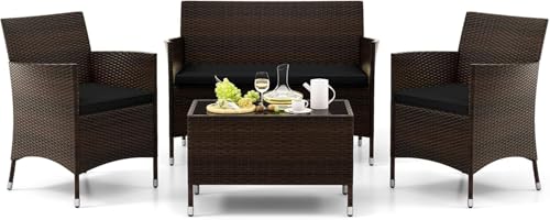 GYMAX Conjunto Jardin Exterior de Ratán de 4 Piezas, para 3-4 Personas, Conjunto Terraza Exterior con 3 Sillas Ratán con Cojines y Mesa Terraza con Tablero Vidrio de Seguridad, Fundas Extraíbles