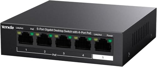 Tenda Gigabit PoE-switch 5 portar med 4 PoE-portar och 1 upplänksport (58 W, VLAN, IEEE-802.3af/at PoE, fläktlös, plug-and-play, metallhus) (TEG1105P-4-63W)