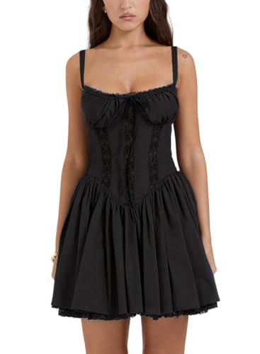 tie front corset dress yoeasy Women's Lace Trim Low Cut Mini Square Neck A Line Sleeveless Party Dress (Small, Black) : Clothing, Shoes & Jewelry Vintage Y2K Bebe Black You can also choose Shoe Size (UK):13 624baby