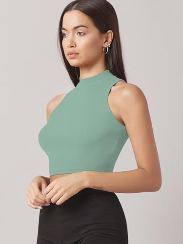 Image of Sugathari Women's & Girls' Solid Ribbed High Neck Sleeveless Crop Tops for Women (Top 37)