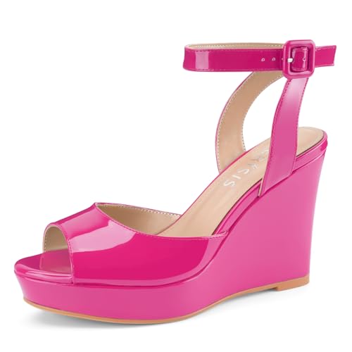 Image of Women's Dressy Platform Wedge Sandals Gold Wedges Peep Toe Patent High Heels Slingback Heeled Comfortable Ankle Strap Shoes