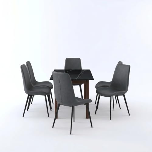 Image of Nebula Six Seater Faux Marble Dining Set | 15mm Sintered Stone Dining Table | Upholstered Metal Chairs | Solid Wooden Frame |Galaxy Black (DIY Assembly)