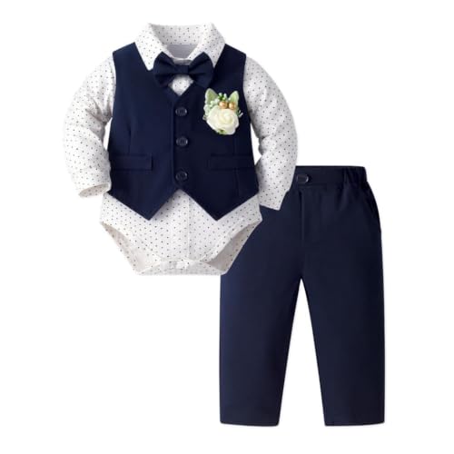 Image of Dressy Daisy Baby Boy 5 Piece Formal Suit Set for Wedding and Birthday | Vest, Shirt, Pants, Bow Tie, Boutonniere, Christening, Holiday Photoshoot Outfit