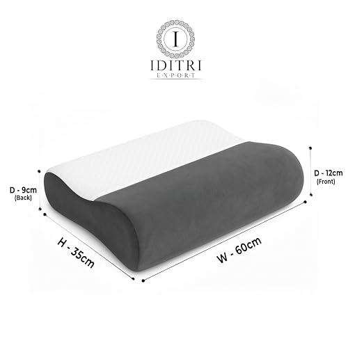 Image of Cervical Memory Foam Pillow Set of 2 with Inner Cover, Dual 9 cm 12 cm Heights for Neck Support, Breathable Jacquard Velvet Case, Grey, 60 x 35 cm