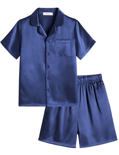Arshiner Boys Pajamas Silk Pajamas Set Short Sleeve Button Down Satin Pjs for 12-13 Years Navy Blue