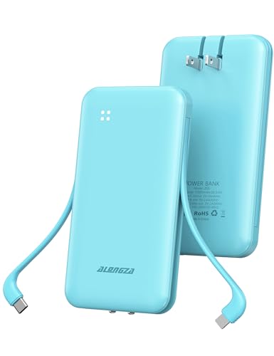 Alongza Portable Charger Built-in Cables and AC Wall Plug, Slim Fast Charging Power Bank 10000mAh, Lightweight USB C External Battery Pack Compact Travel Cell Phone Charger