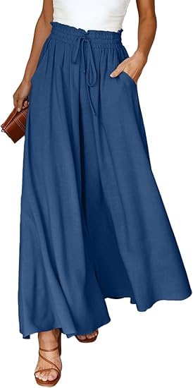 Womens High Waisted Wide Leg Palazzo Pants with Pockets Flowy Elastic Waist Maxi Pants