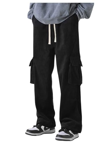 Men's Flap Pocket Baggy Cargo Pants Drawstring Waist Straight Leg Trousers