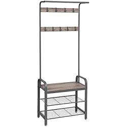 Perchero Zapatero Industrial VASAGLE HSR40MG Perchero, Árbol del Vestíbulo, Perchero con Banco, Zapatero con Ganchos Extraíbles, Altura 183 cm, Industrial, Estructura Metálica Gris, Greige y Gris