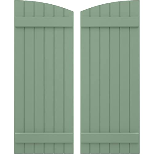 21"W x 75"H Americraft Six Board (2 Batten) Exterior Real Wood Joined Board-n-Batten Shutters w/Elliptical Top (Per Pair), Track Green