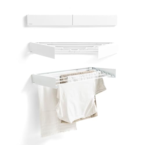 CELLUSTOP - Tendedero plegable extensible para pared, 5 barras, 4 m, color blanco, secador retráctil compacto, acordeón, interior y exterior