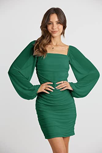 Image of MASCOMODA Women Elegant Square Neck Lantern Long Sleeve Mini Ruched Bodycon Dress Stretch Mesh Slim Party Cocktail Dresses