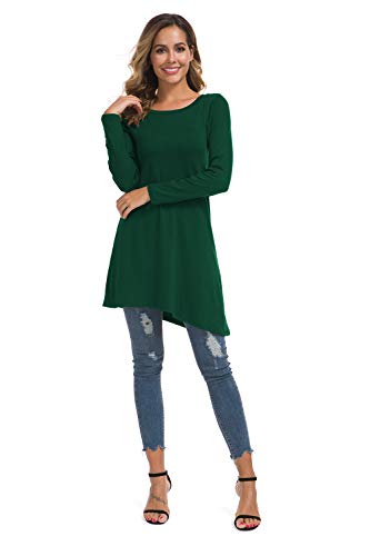 KORSIS Women's Long Sleeve Round Neck Button Side T Shirts Tunic Dress Deep Green L