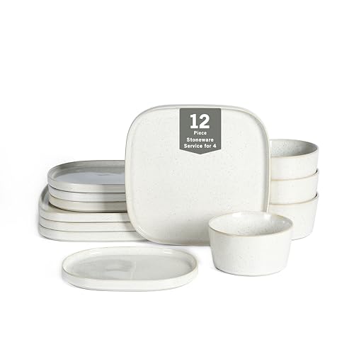 Image of Stone Lain Cairo 12-Piece Dinnerware Set Stoneware, Plates and Bowls Set, Microwave and Dishwasher Safe, Includes Dinner and Salad Plates, Cereal Bowls, Dish for 4, White Speckled