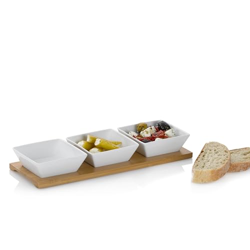 kela Servierschalen Set 4tlg PHILIPA, Porzellan Snackschalen mit Bambus Servierplatte, eckig, Dipschalen Set weiß