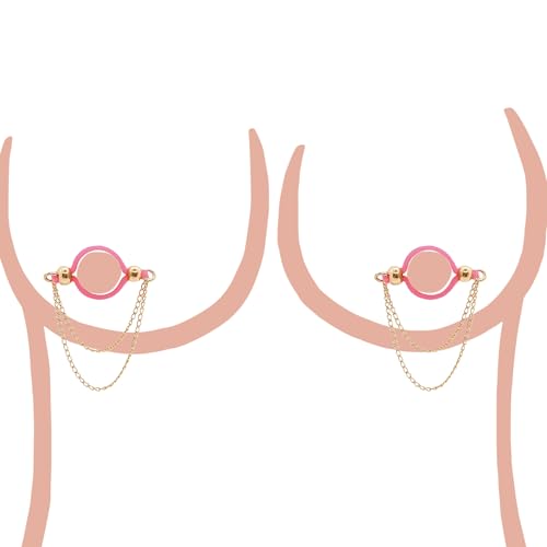 Falsche Nippelringe mit Ketten – Piercingfreier Nippelschmuck – Intimer Schmuck – Sexy Schmuck (Pink)