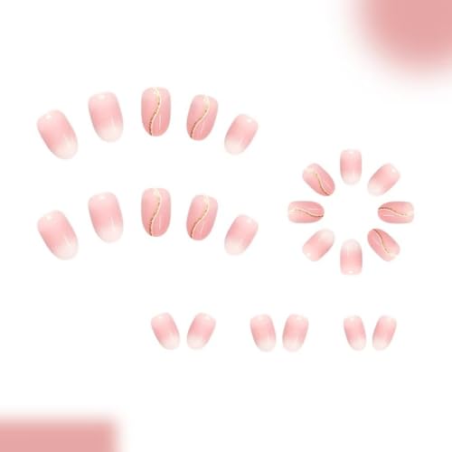 Image of Ombre Pink Press on Nails with Gold Glitter Line Fake Nails Shimmery Design Stick on Nail Glossy Full Cover Short Almond for Women Manicure 24Pcs