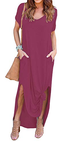 Image of GRECERELLE Women's Summer Maxi Dress Casual Loose V Neck Short Sleeve Side Split Long Dresses with Functional Pockets