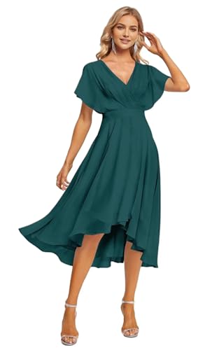 SNOWROSE Short Bridesmaid Dresses for Women V Neck Ruched Chiffon Formal Dress Wedding Party Gowns with Ruffled Sleeve