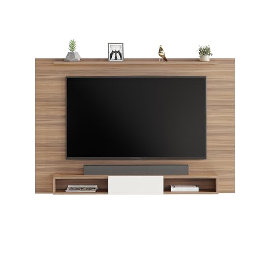 Image of FURNEASER Arsy Wall Mounted TV Unit for Living Room | Floating TV Stand with Back Panel & Storage Shelves | Modern Wooden Entertainment Center for 43 50 55 Inch TV (Exotic Teak & White)