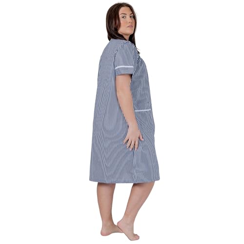 Image of Women's Short Sleeve Woven Snap-Front Closure Striped Embroidery Housecoat Duster Nightgown with Front Pockets