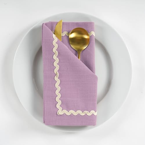 Image of FINGERCRAFT Cloth Napkins Set of 6, 18x18 Inch, 100% Cotton Table Napkins with RIC Rac Scallop Lace Trim, Reusable Washable Dinner Napkins for Wedding, Party, Dining & Home Decor (Lavender)