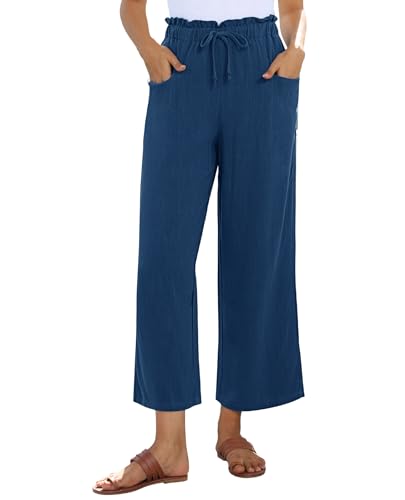Image of siliteelon Wide Leg Linen Pants for Women Summer Capri Palazzo Flowy Pants Casual Loose High Waist Trousers with Pockets