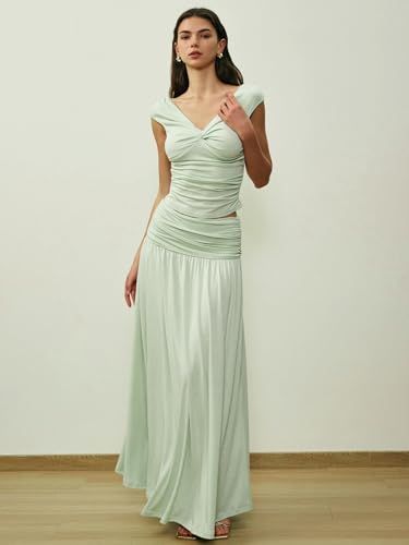 Image of Two Piece Skirt Set for Women - Sexy Sleeveless Spaghetti Strap Pleated Tank Top Maxi Long Skirts Sets