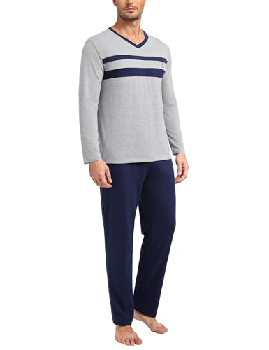 Nieery Pijamas de Manga Larga para Hombre de Invierno en Algodón de Dos Piezas con Cuello en V S-XXL