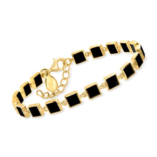Ross-Simons Onyx Square-Link Bracelet in 18kt Gold Over Sterling. 7 inches