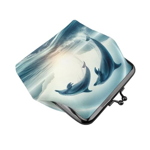 Pu Leather Buckle Coin Purse Dolphins-Leaping-Ocean Girls Kiss-Lock Change Purse Wallets3