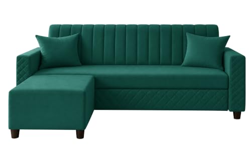 Image of 3 Seater Velvet Sofa with Ottoman | Modern Upholstered Couch | Quilted Design | Soft Comfortable Seating | Sturdy Wooden Frame | Living Room, Office- Green