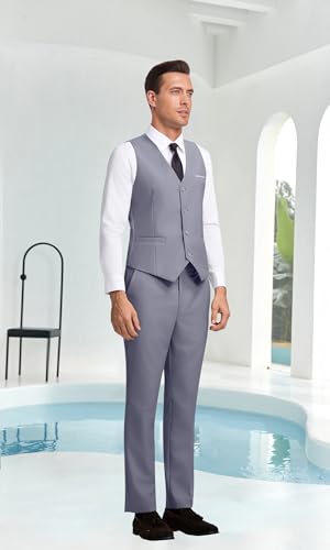 Mens Slim Fit 2 Piece Suit Set V-Neck Solid Dress Suit Vest Pants Wedding Prom Tuxedo for Men4
